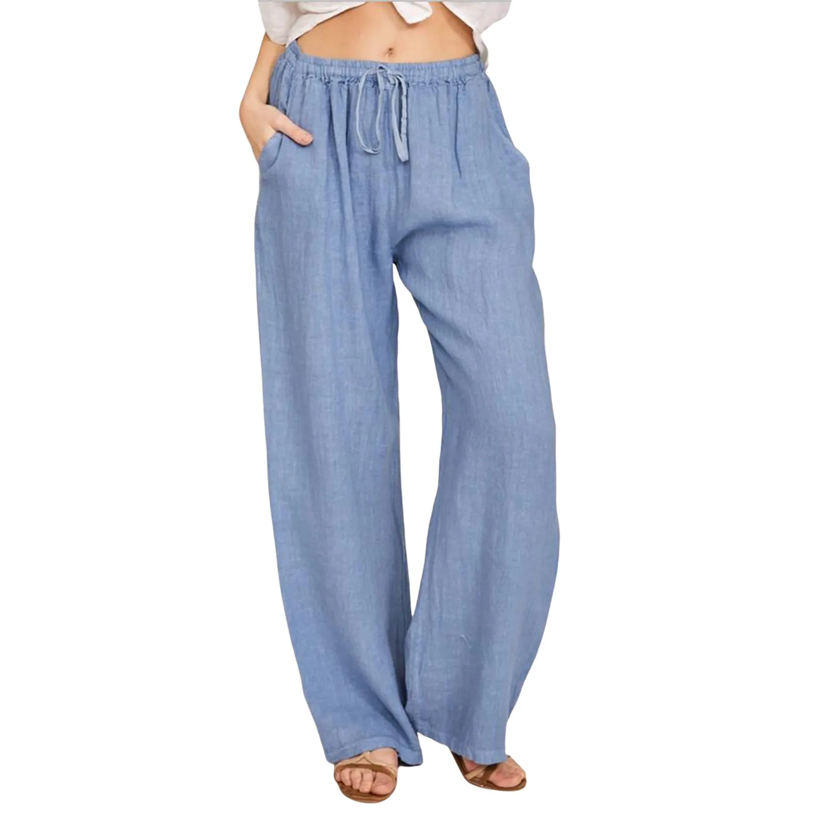 Women Casual Linen Pants High Waisted Solid Color Drawstring Loose Pants with Pocket for Vacation Beach Sleep