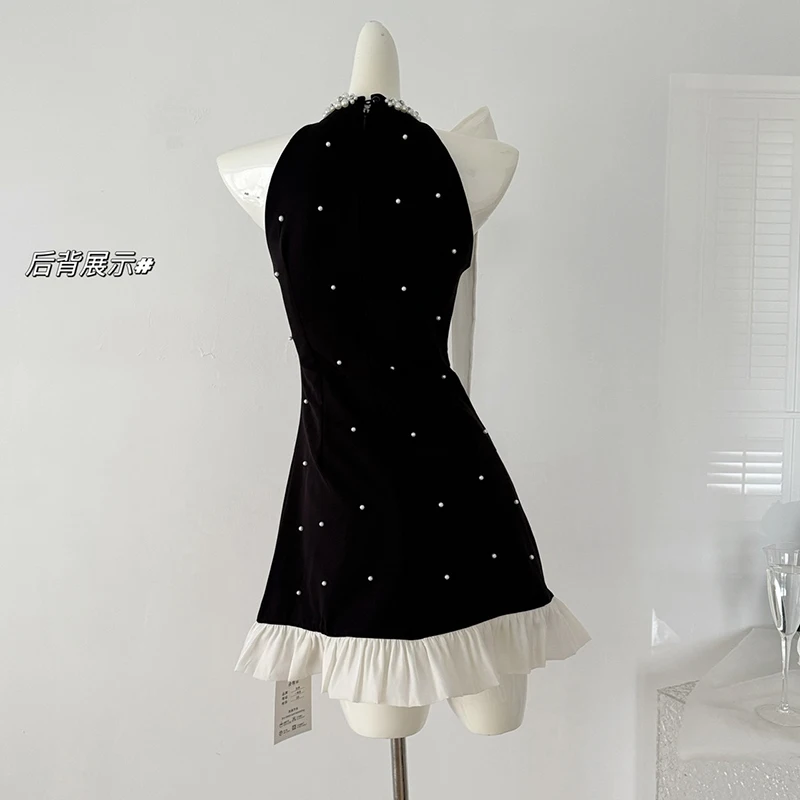 Women'S O-Neck Beaded Color Block Black Mini Skirt Summer Sleeveless Chic Dress