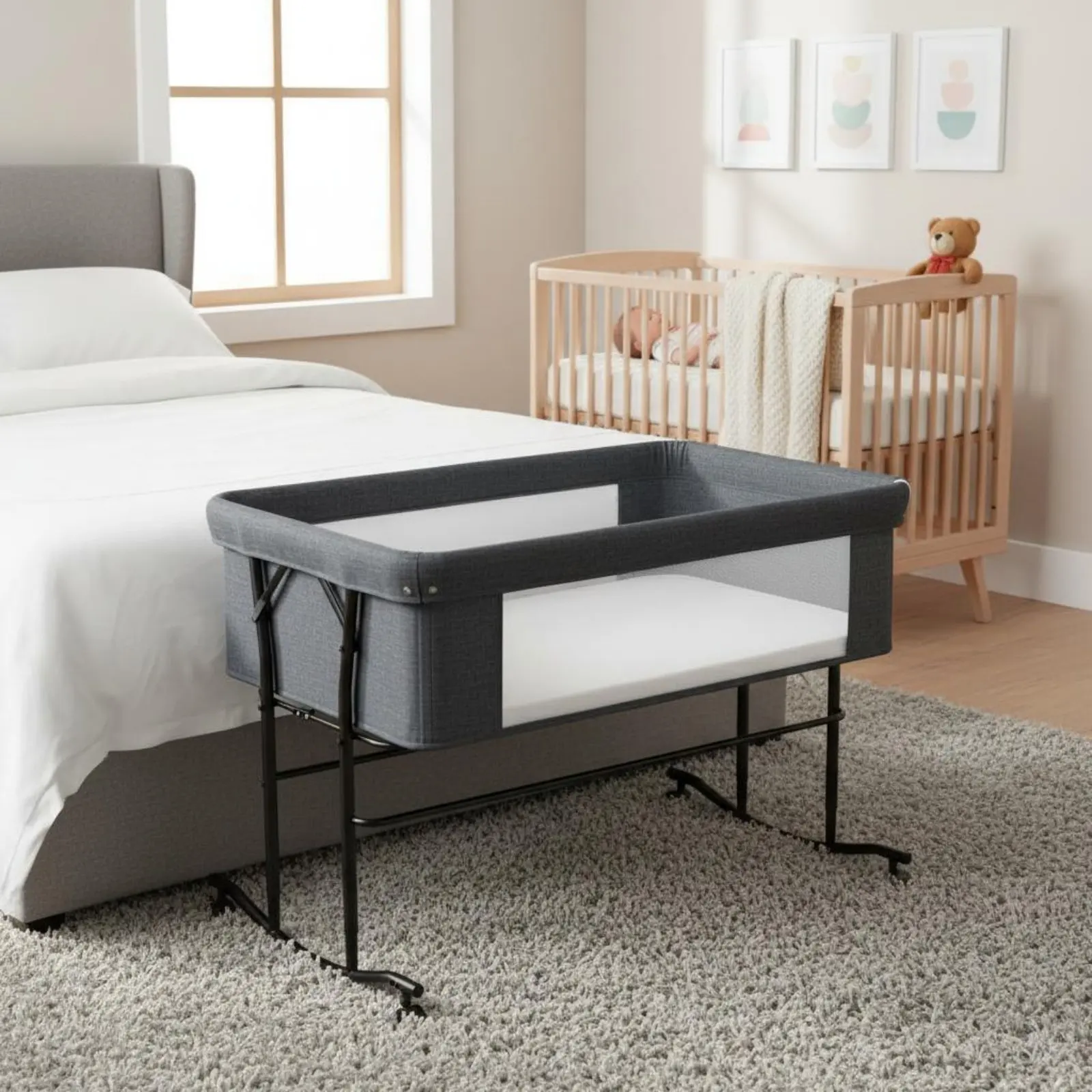 

Foldable Baby Crib Movable Wheels Foldable Crib Newborn Cradle Bed Space Saving Portable Bassinet Adjustable Height for Newborns