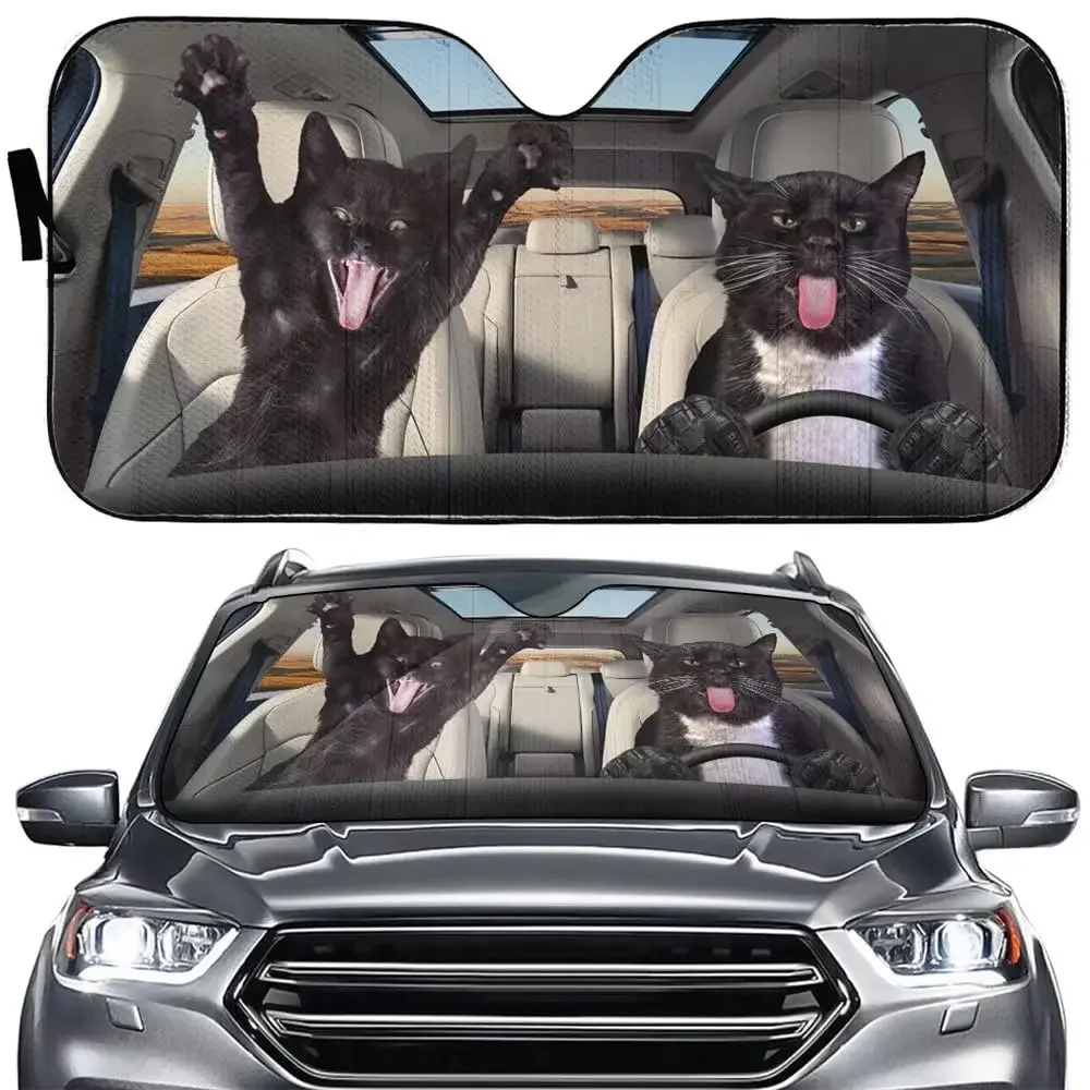 Black Cat Car Sun Cover Family Funny Cat Car Windshield Animal Universal Heat Resistant Folding Sun Cover for Car SUV Pickup