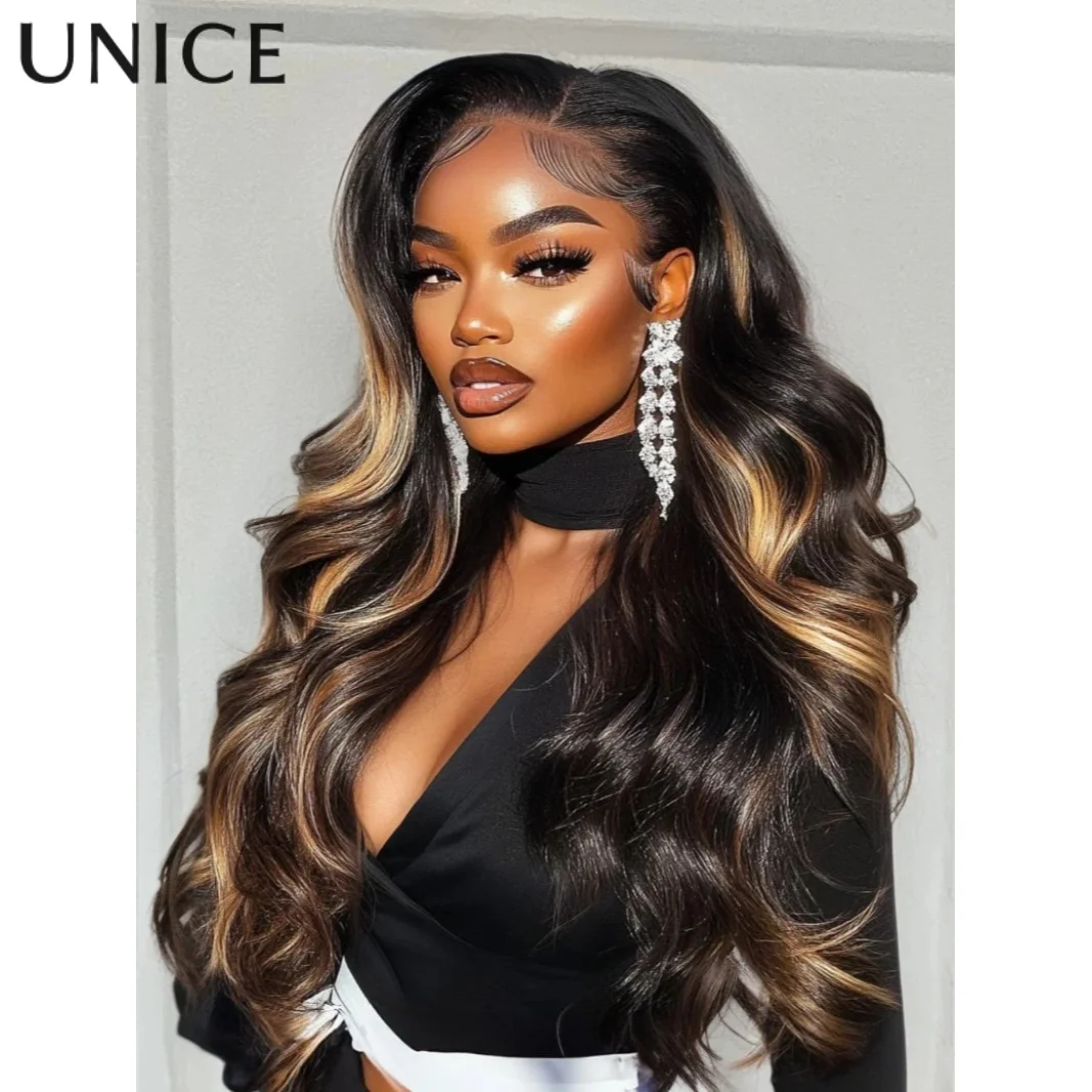 Unice 7x5 nós de bye-bye renda onda solta caramelo destaques marrom com rosto livre enquadramento franja peruca de cabelo humano 150% densidade