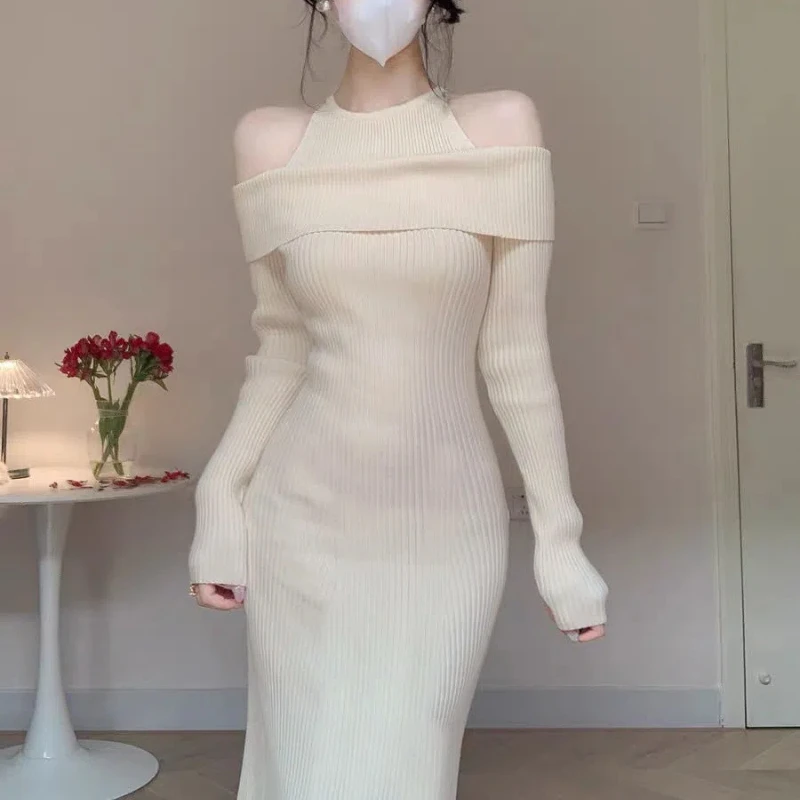 Autumn Winter Pure Desire Style Knitted Off Shoulder One Shoulder Women\'s Clothing Coat with Fishtail Skirt Underneath Dresses