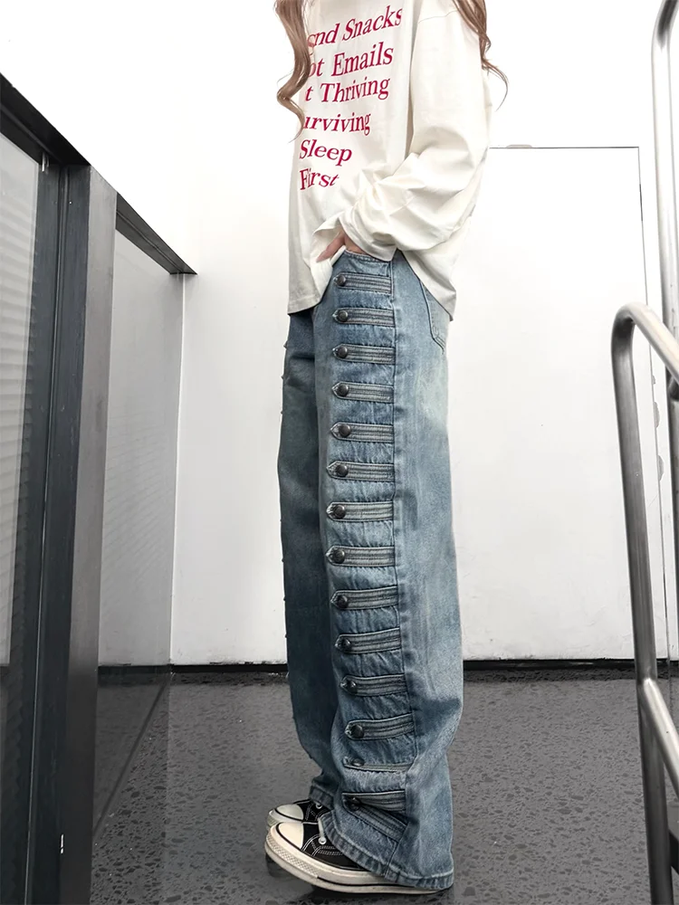 High Waist Wide Leg American Style Denim Jeans Women's Autumn New Design Double Row Buttons Large Size Casual Trousers
