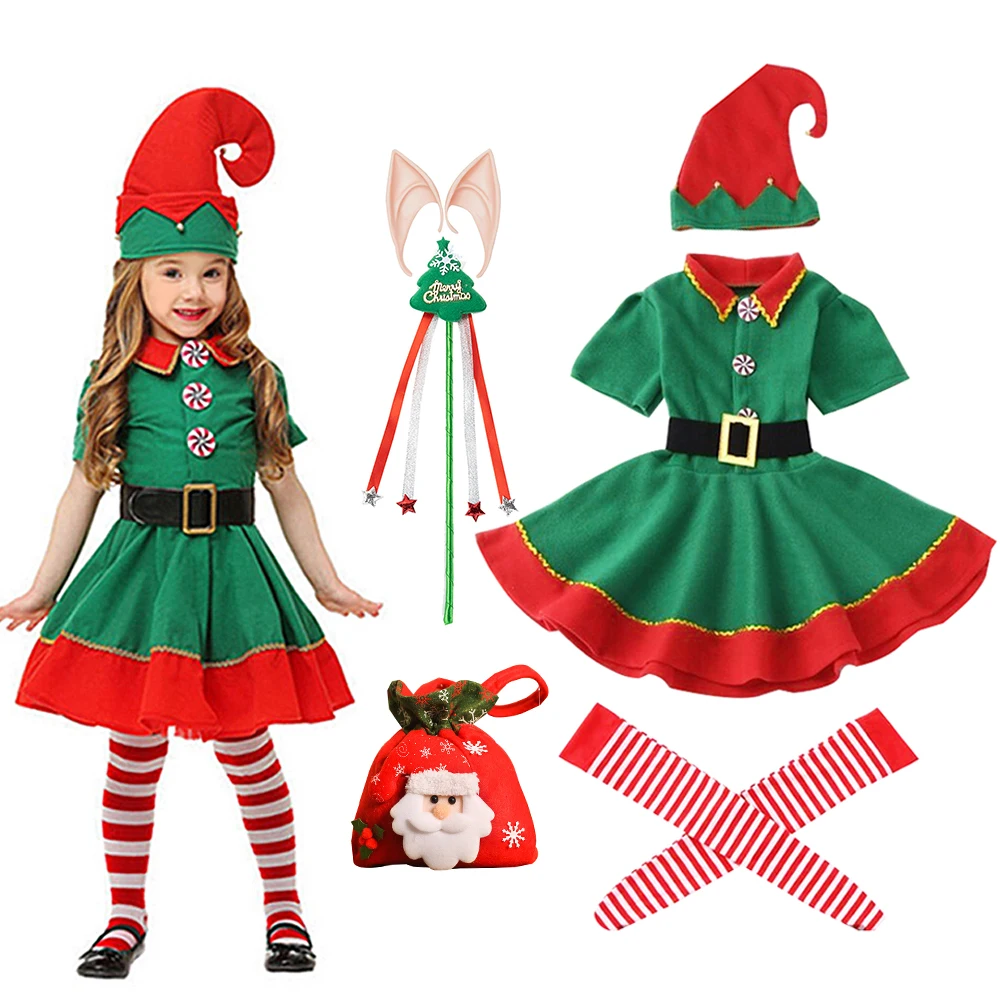 Kids Christmas Dress Set for Girls and Boys Xmas Elf Costume 1-12Y Children Costume New Year Performance Dress with Hat