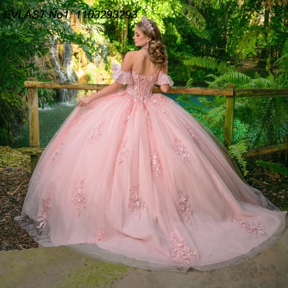 

EVLAST индивидуальное мексиканское розовое бальное платье Quinceanera платье с цветочной аппликацией корсет из бисера Sweet 16, Vestidos De 15 Anos E1QN217