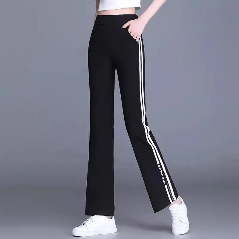 숙녀 패션 패치 워크 높은 허리 송아지 길이 바지 여름 사무실 레이디 단순 스트라이프 슬림 탄성 허리 넓은 다리 바지