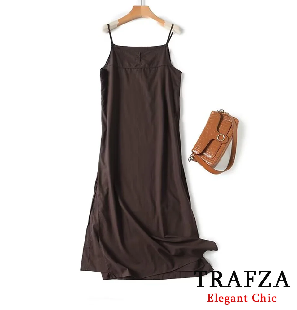 TRAFZA Luxury Elegent Ramie Blend Halter Dress Women New 2024 Summer Vacation Sexy Dress Solid Spaghetti Strap Backless Dress