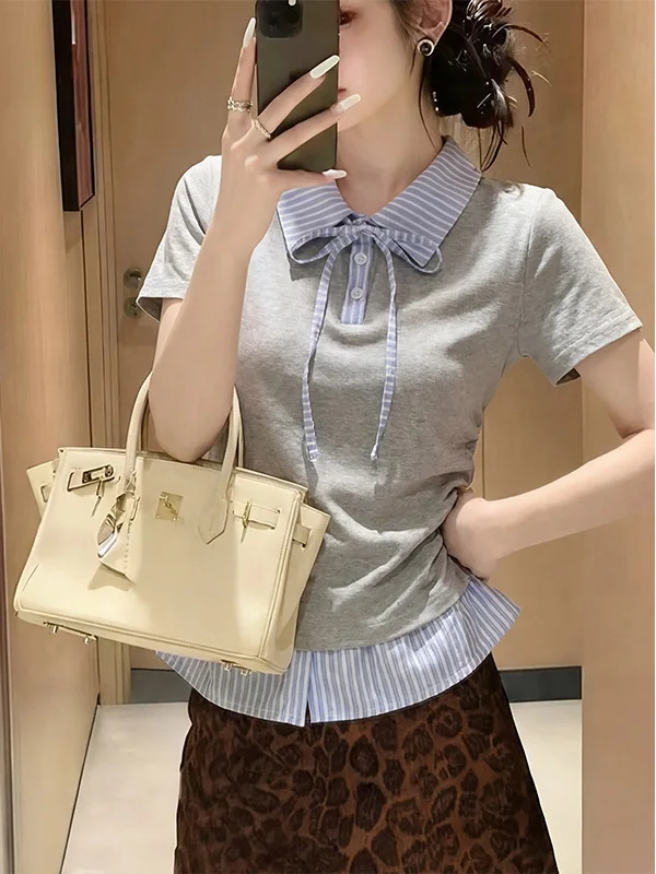 High School Student Striped Short Sleeve  Shirt T-Shirt Women Summer College Style Slim Fit Shoulder High Short Top