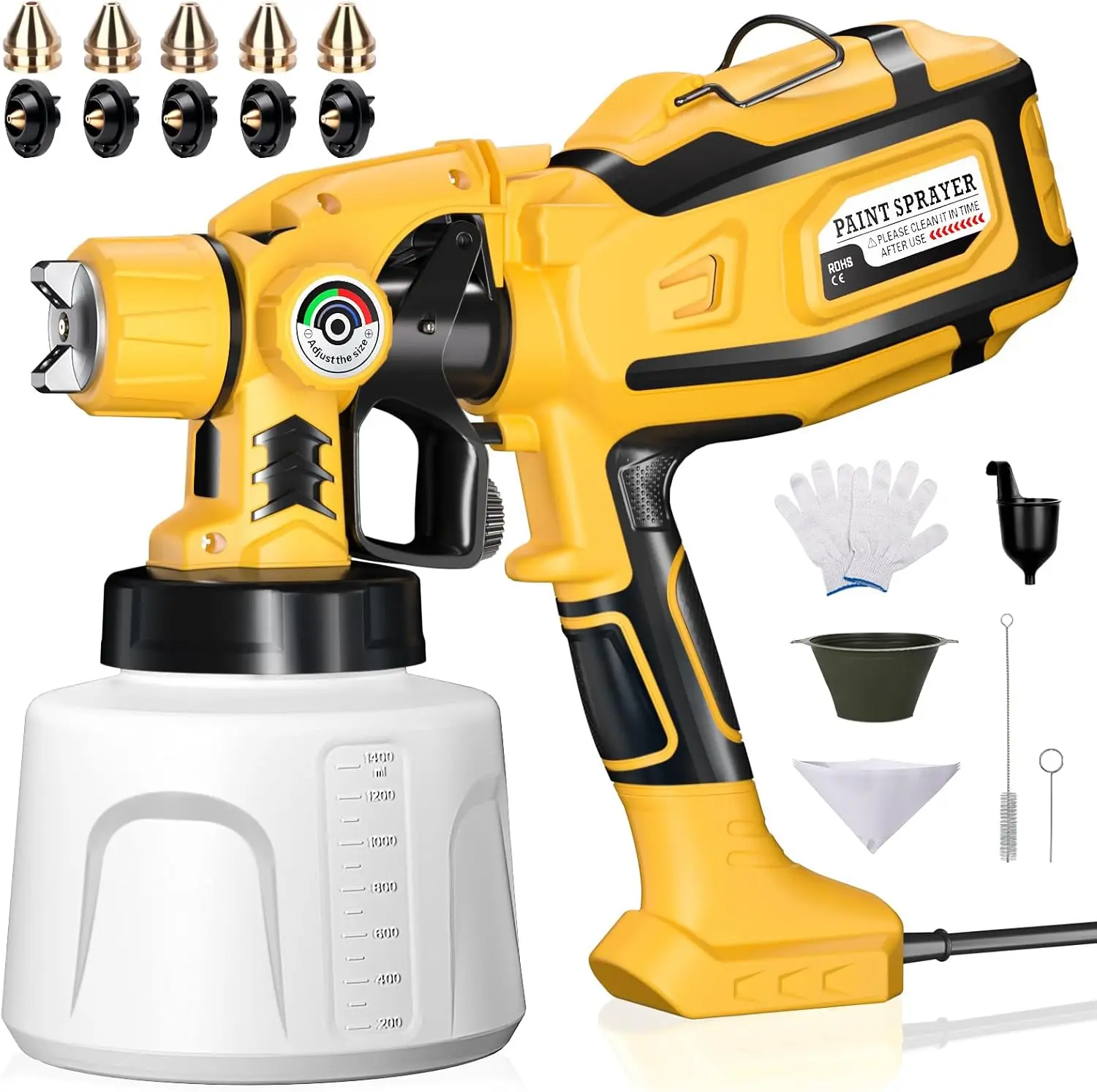 

1200W HVLP Paint Sprayer with 5 Nozzles, 3 Patterns, Adjustable Flow, 1400ml Container for Home Projects