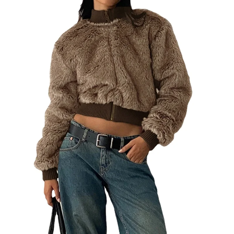 

Women's Winter Jacket Retro Brown Fur Coat Women's 2023 Fashion New Colored Stand up Collar Cardigan Warm Sweater Street Wear