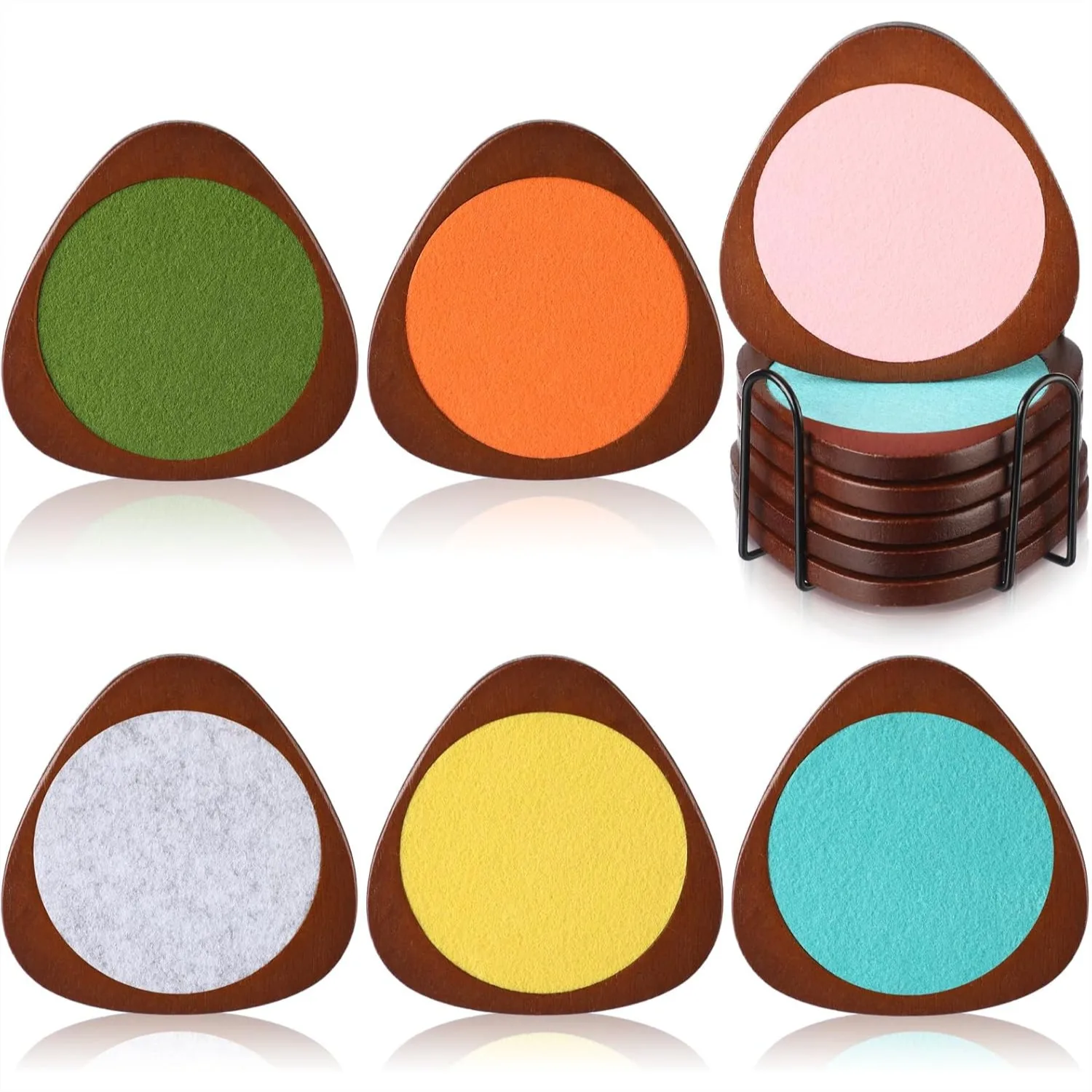 

6 Wood Absorbent Coasters with Holder, Mid Century Modern Decorative Coasters, Non-Slip Felt Insert for Cups, 4.3 Inch Brown