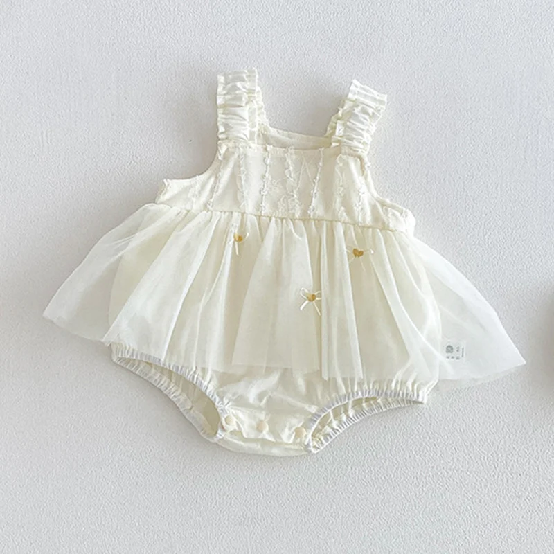 2026 New Summer 0-24M Baby Girl Clothing Korean Style Climbing Suit Sleeveless Cotton Mesh Splicing Newborn Baby Girl Romper