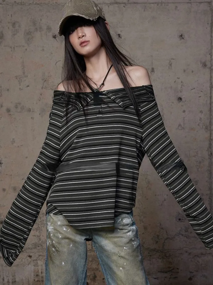 

Off Shoulder Tshirts Y2k Aesthetic Striped Slash Neck Grunge T-shirt Harajuku Autumn Irregular Casual Vintage Tops Streetwear