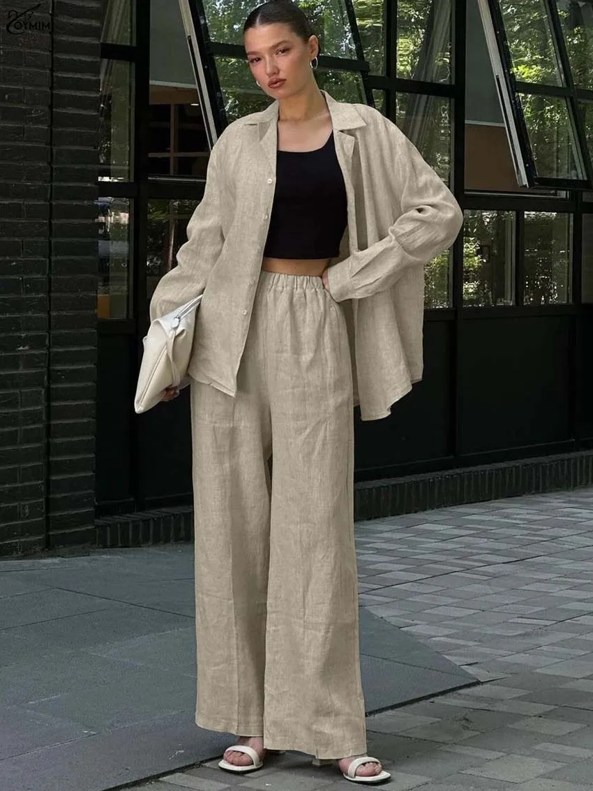 

Oymimi Elegant Beige Cotton Two Piece Set Woman Fashion Long Sleeve Single Breasted Shirts And High Waist Straight Pants Sets