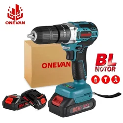 ONEVAN-Perceuse à percussion électrique sans balais, tournevis électrique sans fil, batterie Makita 18V, 1000W, couple 25 + 3, 450nm, 3 en 1