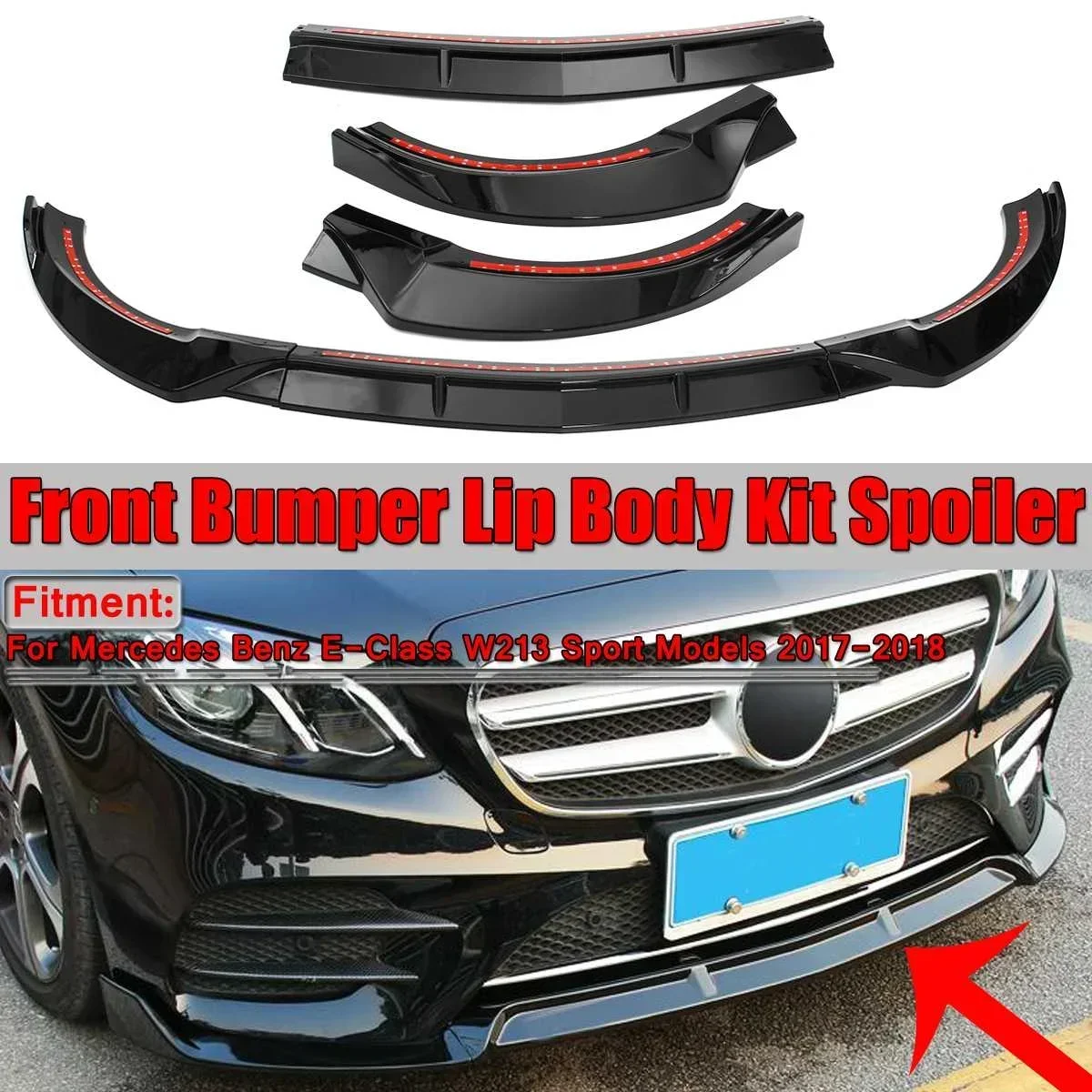 

1x W213 3pcs Car Front Lip Chin Bumper Lip Guard For Mercedes For Benz E-Class W213 E200 E300 E320 17-18 Sport Version Body Kit