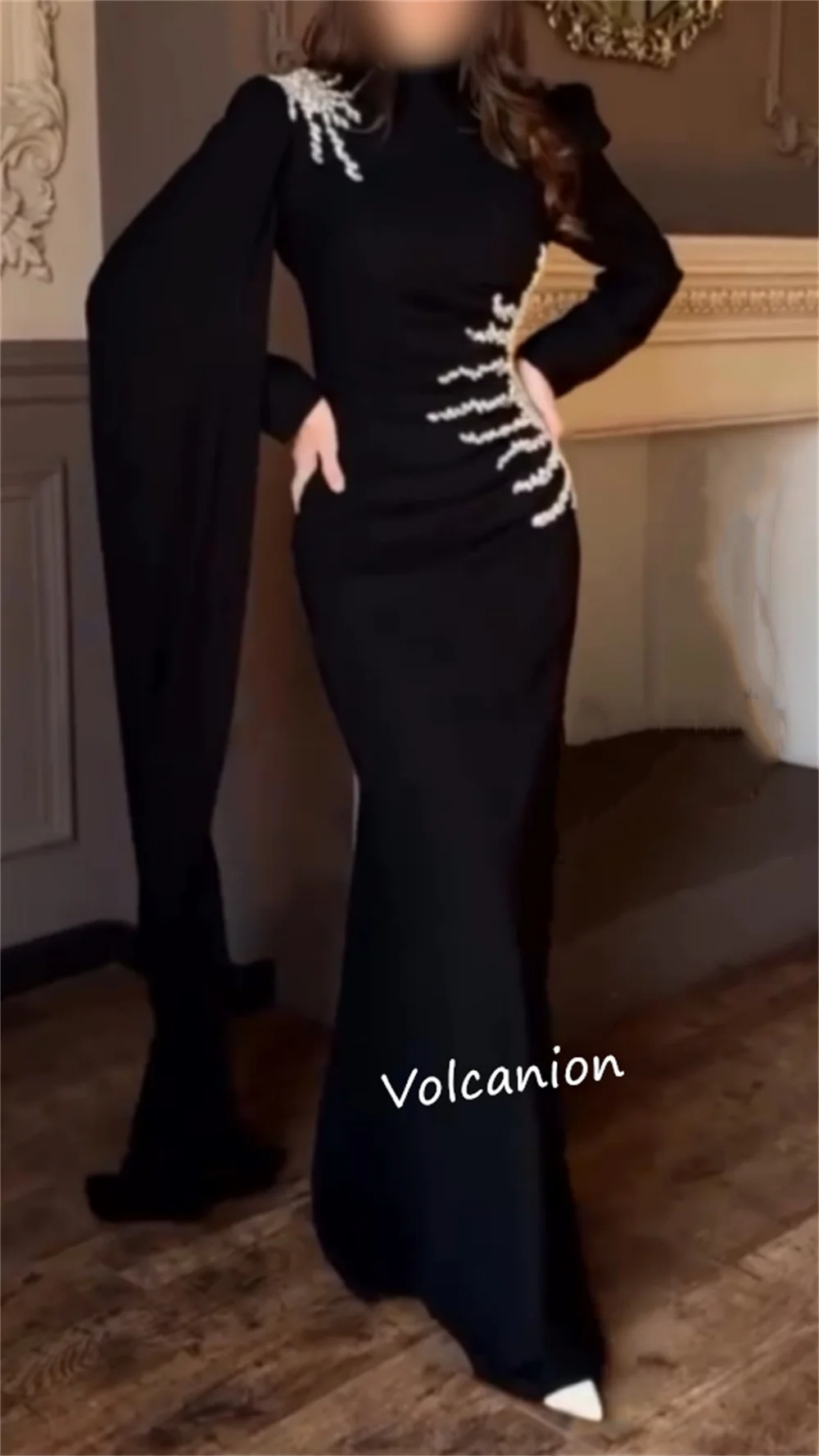 カスタマイズされたジャージ ラインストーン プリーツ ハイカラー A ライン ロング ドレス オーダーメイド オケージョン クラシック レトロ フォーマル