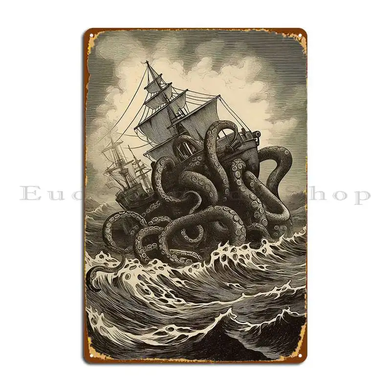 Póster de placa de Metal Vintage Kraken Attacking Ship, decoración Retro personalizada para Pub, cartel de estaño personalizado