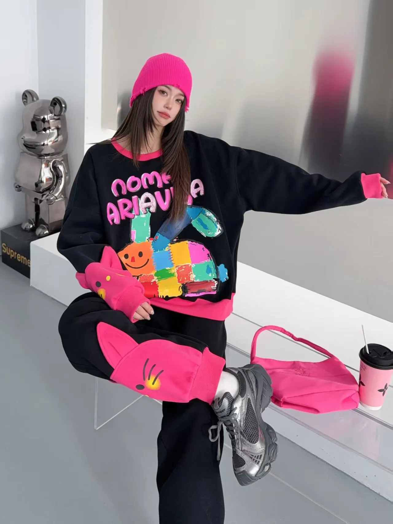 2026 Spring Multicolor Rabbit Letter Print Oversized Pant Sets 2 Piece Woman Japanese Korean Fashion Casual Pullove Sweatshirts