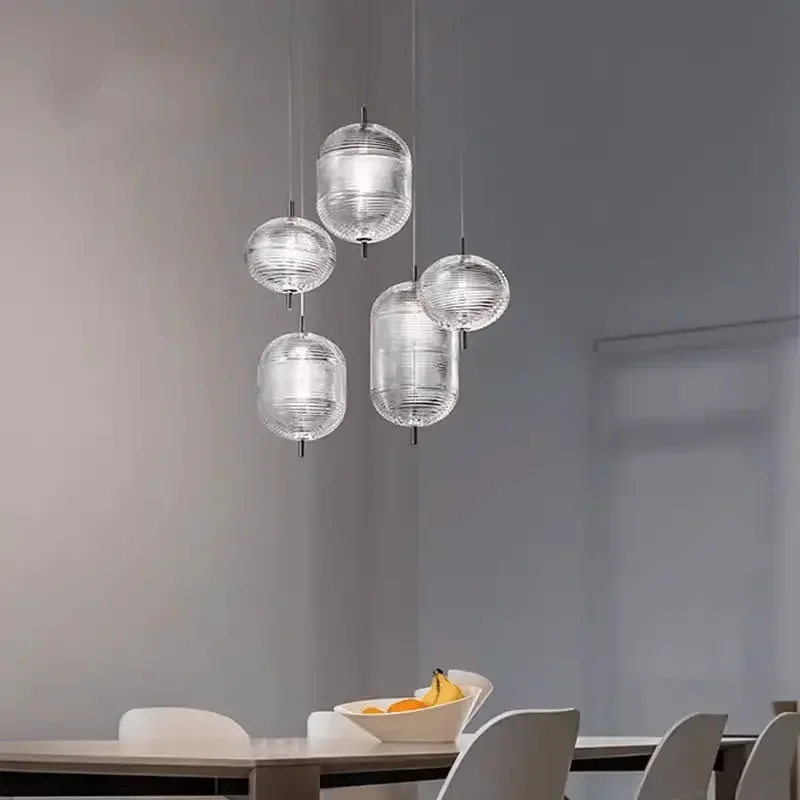 Nordic Modern Lighting Fixtures Bedroom Dining Table Hall Combination Chandelier Cotton Ball Clear Striped Glass Pendant Lamp