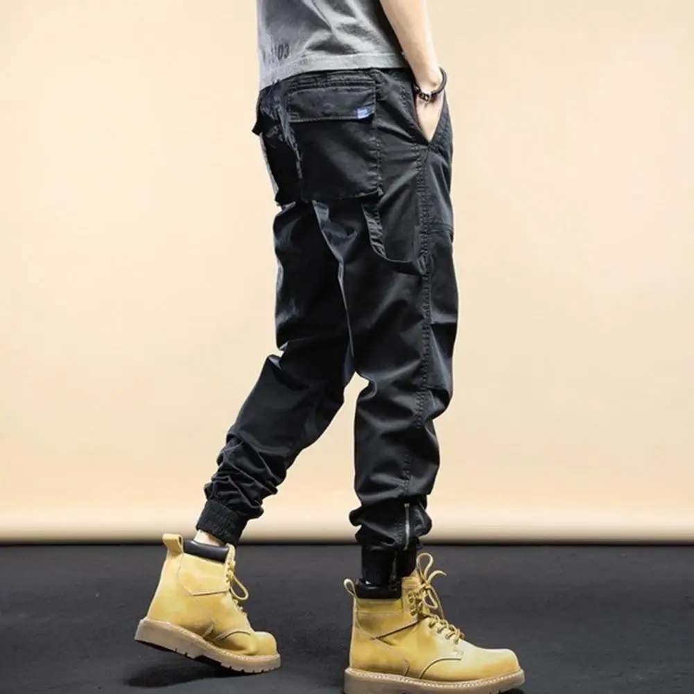 

Adjustable Waist Men Trousers Men's Drawstring Cargo Pants with Elastic Waist Multiple Pockets Zipper Ankle-bands for Daily