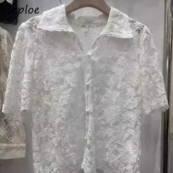 Neploe Vintage Lace Embroidery Loose Blouses Y2k Lapel Neck Blusas Mujer 2024 Summer New Single Breasted Shirts Women