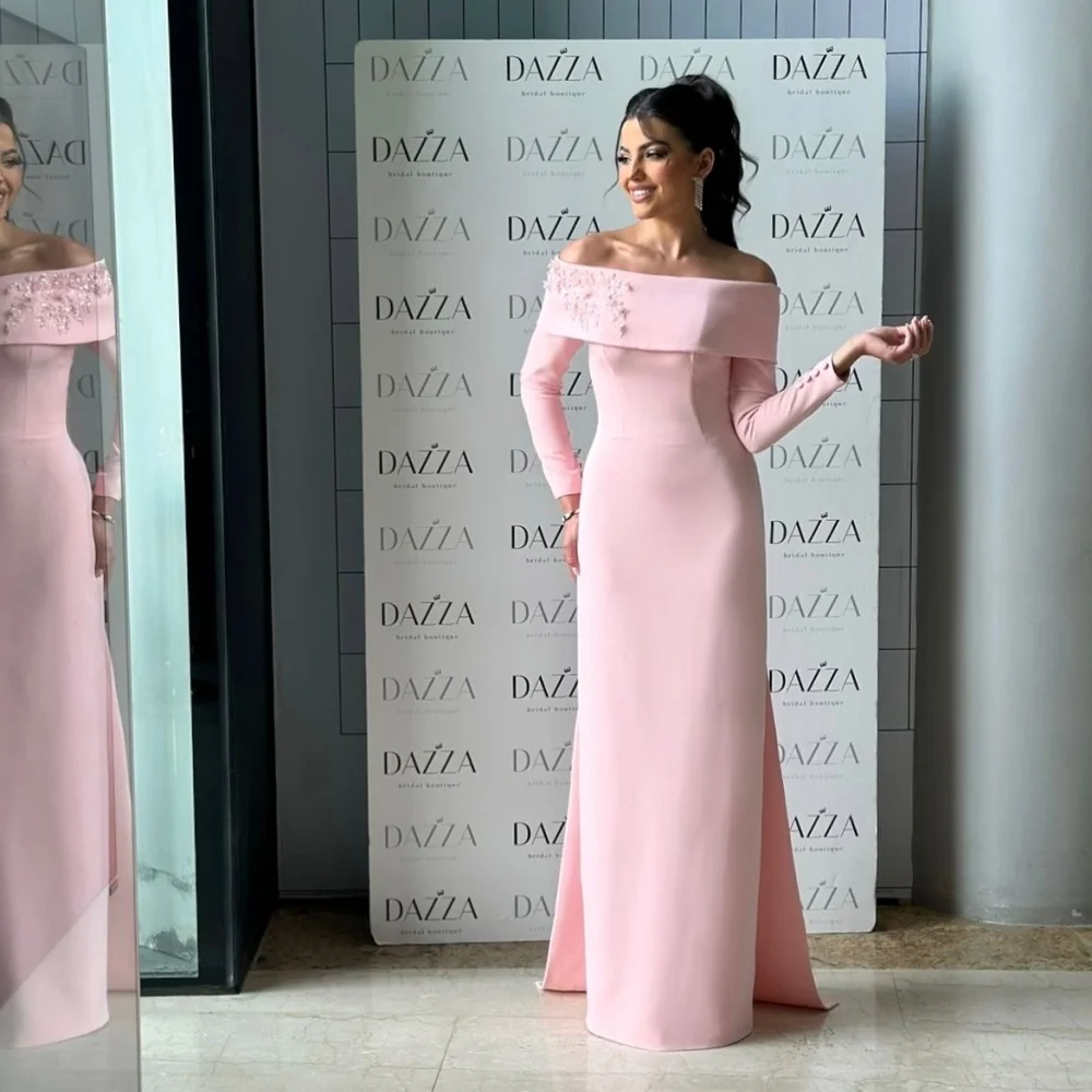 Bella Customized Pink Pearls Appliques robes de soirée One Shoulder Long Sleeves Evening Dresses Floor-Length Wedding Dress 2024 image 4