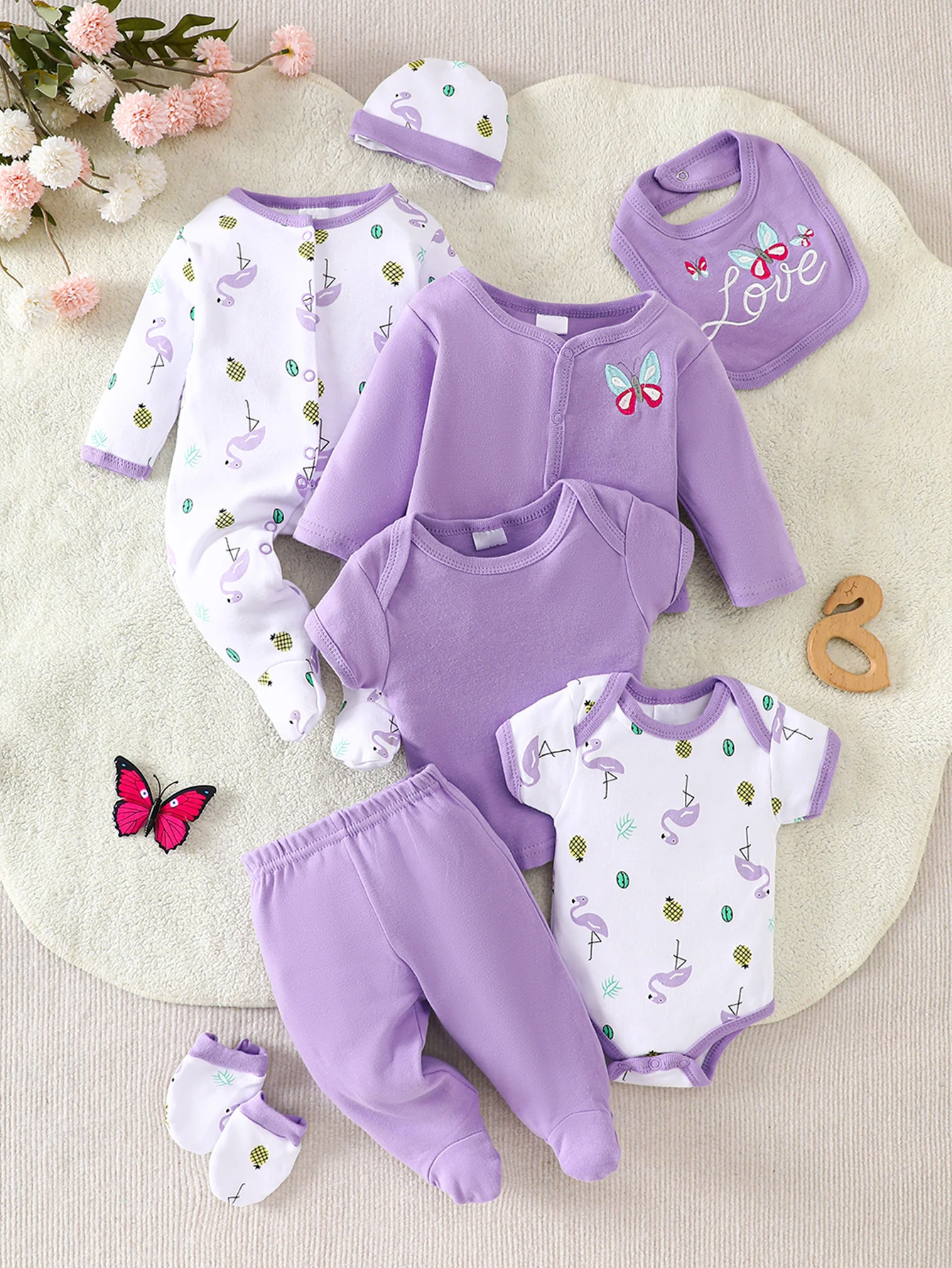 Little Princess Baby Girl 8pcs Layette Set, Unicorn Butterfly Print Newborn Romper Hat Bib Socks Pants Outfit