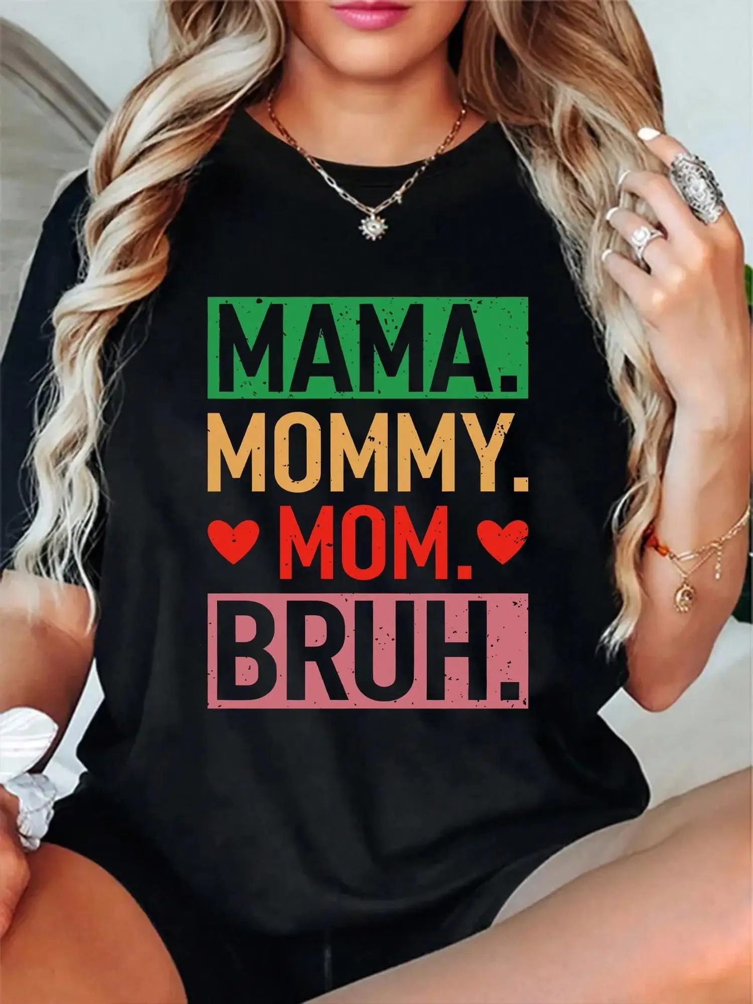 

Colorful Letter Print Mom T-Shirt 100% Casual Crew Neck Short Sleeve Shirt with "MAMA MOMMY MOM BRUH" Design