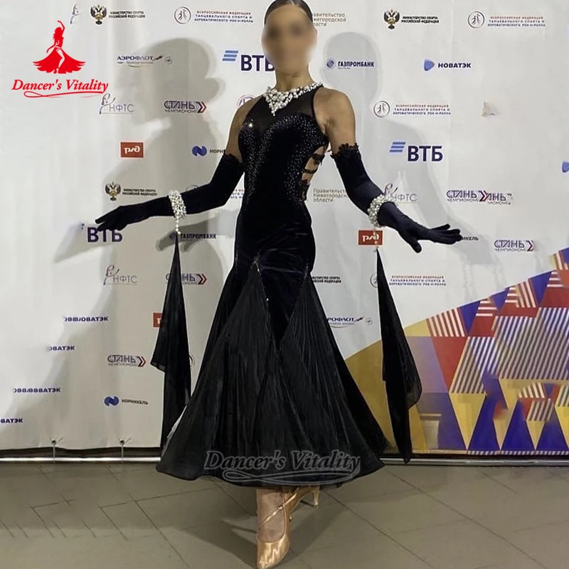 Ballsaal-Tanzkleid aus Samtstoff, ärmellos, mit Wickelrock, maßgeschneidert für Tänzerinnen, Vitality-Kleidung für Erwachsene und Jugendliche, professionelle Walzer-Bekleidung