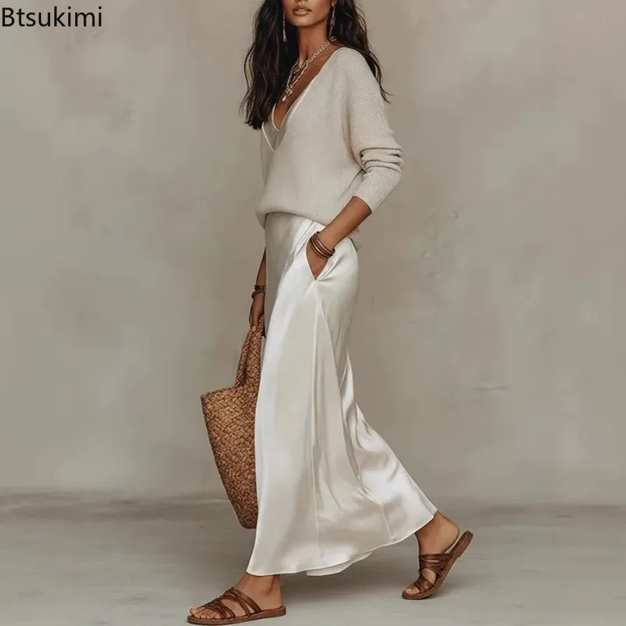 New Elegant V Neck Slim Office 2-piece Sets Spring Summer Fashion Long Sleeve Knitted Tops Sleeveless Satin Long Dresses Outfits