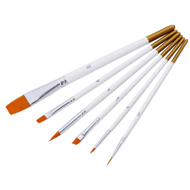 Heiß begehrtes Einzelprodukt: 6-teiliges Nylon-Pinselset mit weißem Griff, Multifunktionspinsel für Gouache, Aquarell, Öl, Maniküre-Pinselset