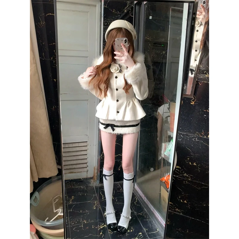 2 Piece Set Women Outfit Cropped Faux Woolen Jacket Elegant Bow Mini Skirt Sweet Korean Faux Fur Patchwork Coat Winter Outfits