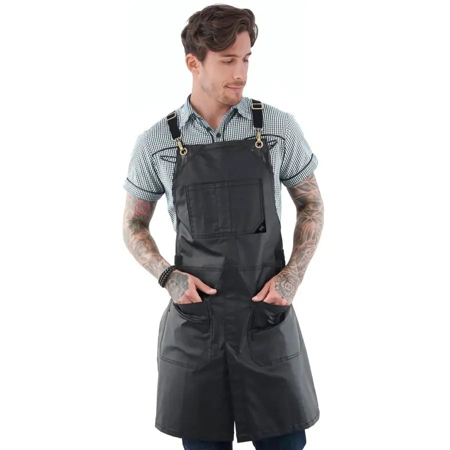 

NY Sky CrossBack Panther Black Apron Coated Twill with Leather Reinforcement and SplitLeg Adjustable for Men and Women Pro Barbe