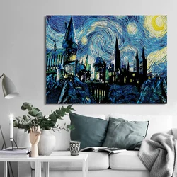 Starry Night Wizard Castle Magic School Poster Art Canvas Painting Print Wall Art Picture Gothic for Living Room Home Decor