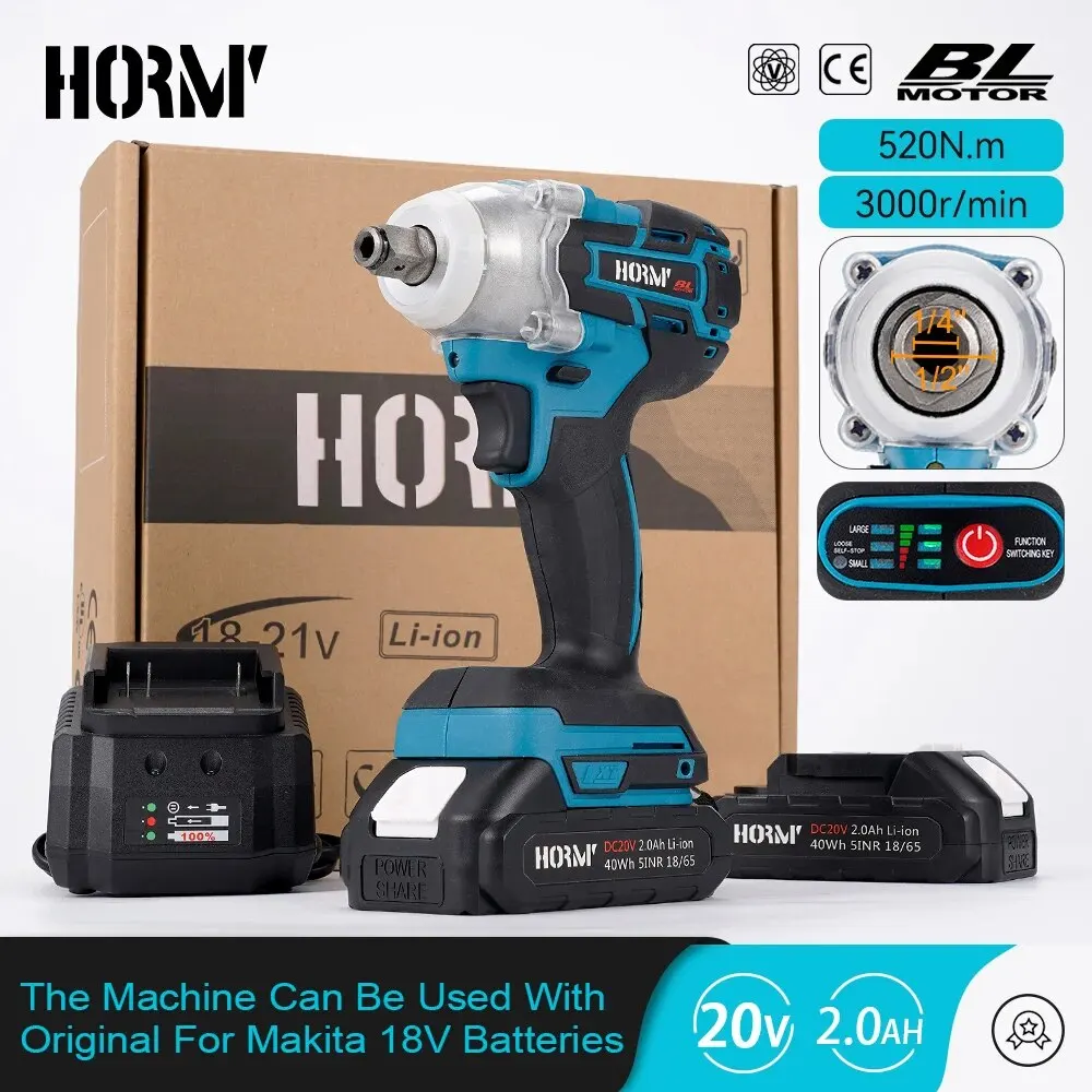 Hormy 520N.m Brushless Electric Impact Wrench Cordless Driver Hand Drill Impact 1/2 Car Repair Power Tool For 18V Makita Battery