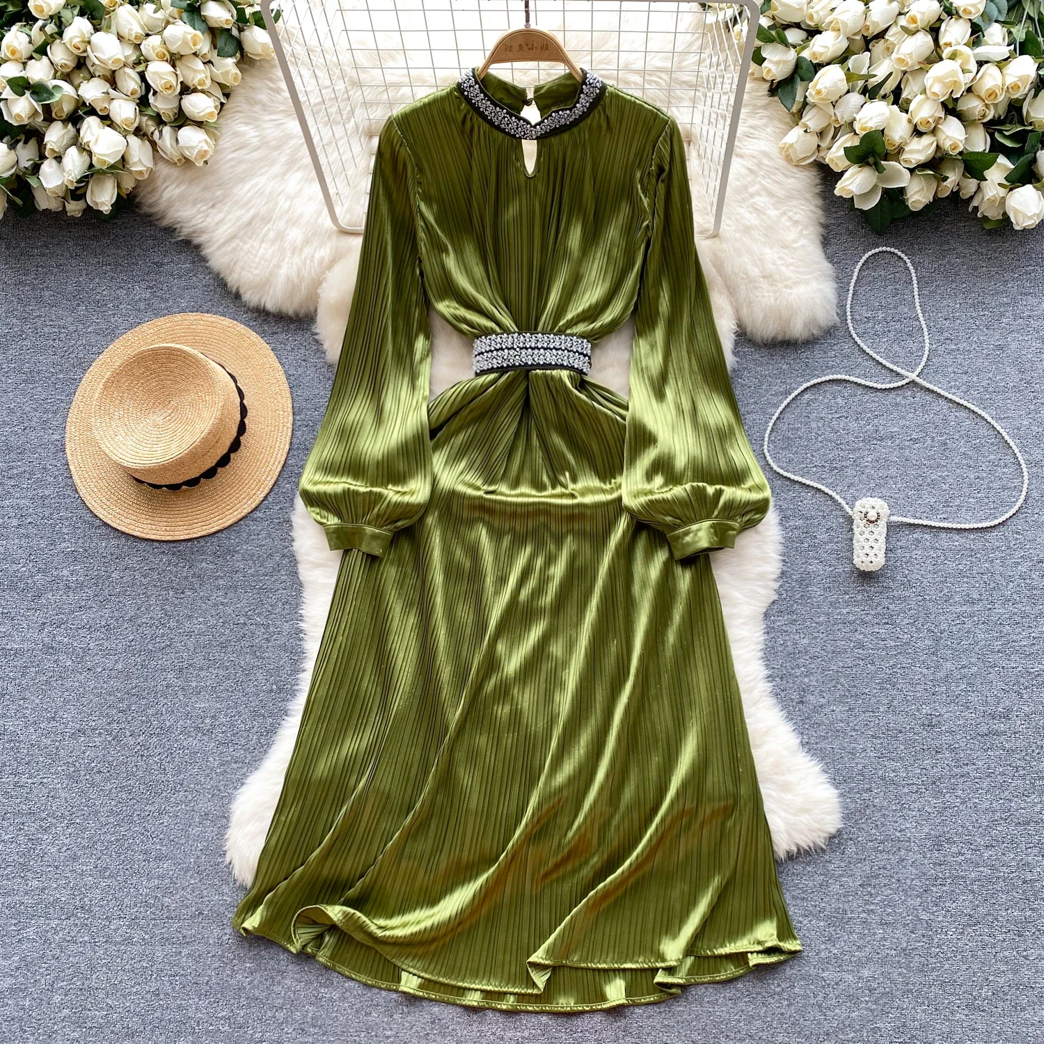 Elegant Long Sleeve Vintage Stand Collar Chic Rhinestone Satin Slim A-line Long Dress Evening High Street Autumn Winter Clothing