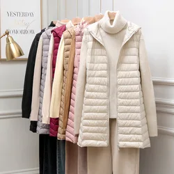 Women's Autumn/Winter X-long Hooded Sleeveless Jackets 2023 New White Duck Down Female Slim Fit Office Lady Warm Vest Coat