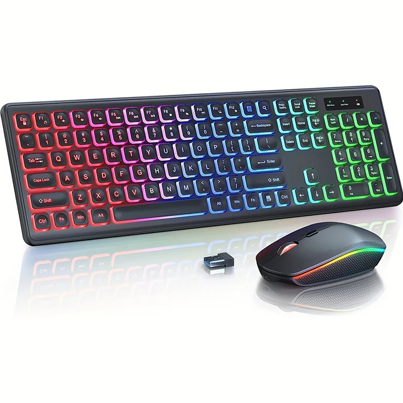 Wireless Keyboard and Mouse Combo RGB Backlit Rechargeable Keypad Light Up Letters Full-Size Ergonomic 2.4GHz Gaming Keyboards