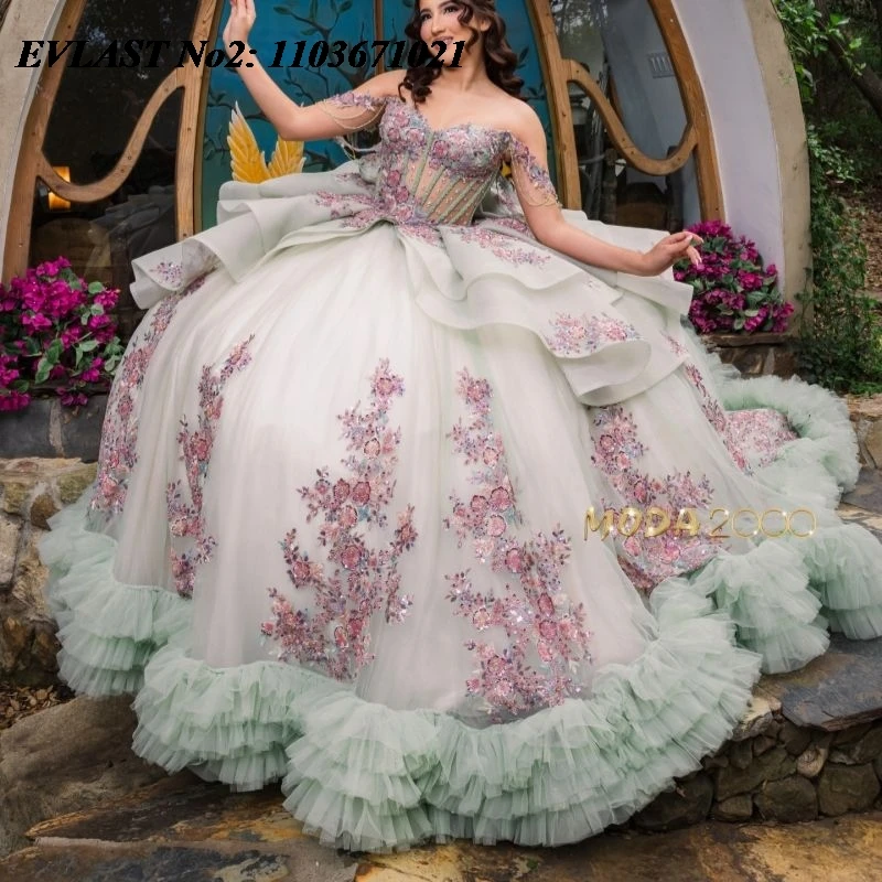 

EVLAST Customized Princess Sage Qinceanera Dress Ball Gown Pink Floral Applique Beading Corset Sweet 16 Vestidos 15 Anos E2QA326