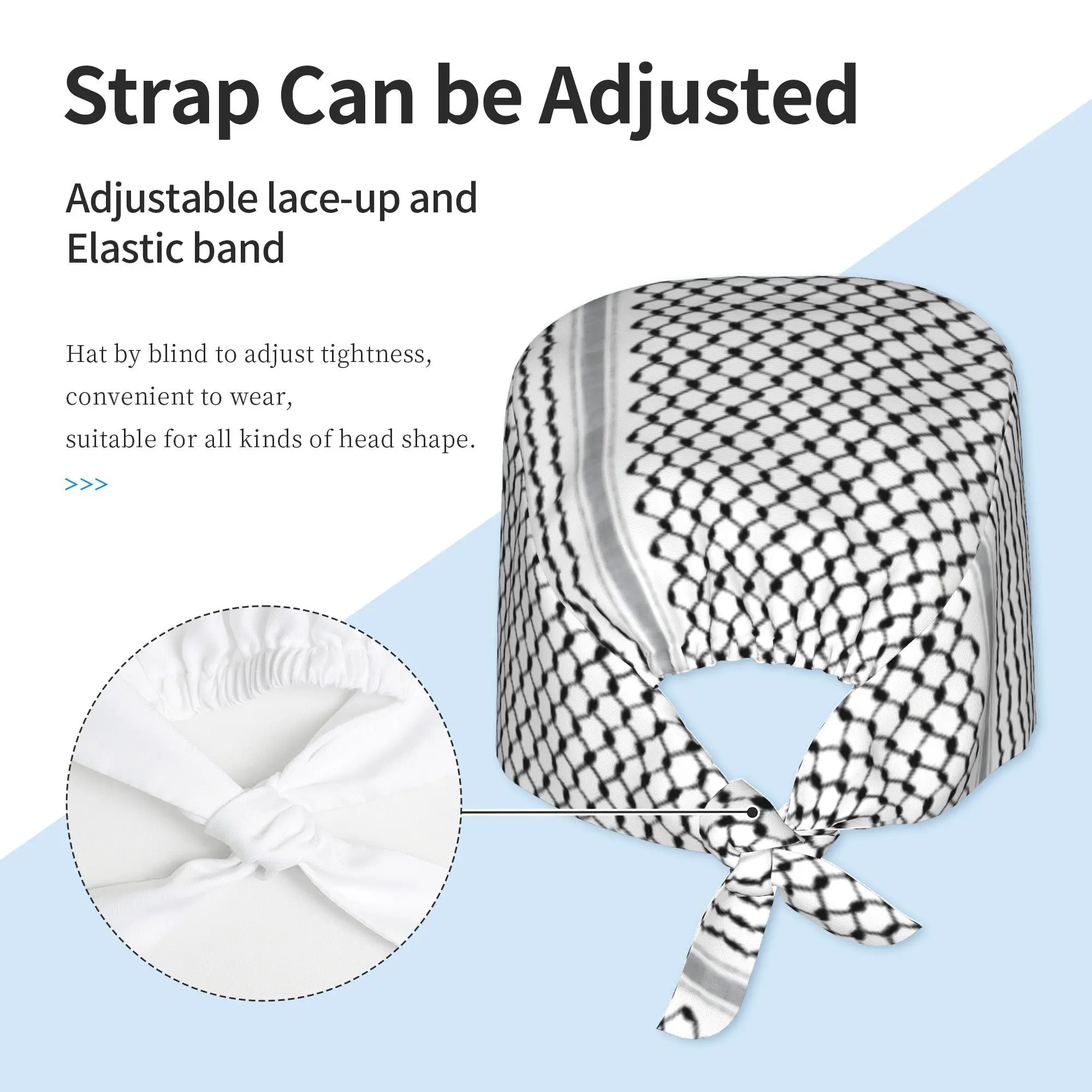 Black White Keffiyeh Pattern Scrub Cap Traditional Arab Palestinian Grid Print Hat Adjustable Tie‑back Medical