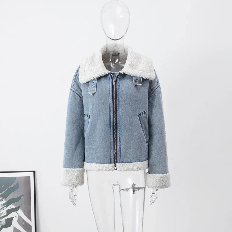 Lapel Lambs Wool Denim Women Cropped Jacket Casual Thicken Long Sleeve Zipper Coat Autumn 2023 Fashion Vintage Fleece Lady Top