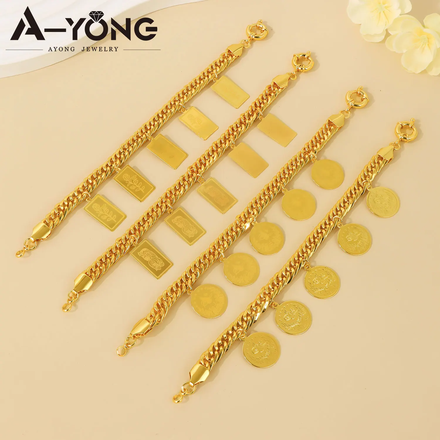 Arabic Fashion Coins Bracelet 21k Gold Plated Italian Punk Hip Hop Miami Cuban Chains Dubai Muslim Women Event Party Jewelry
