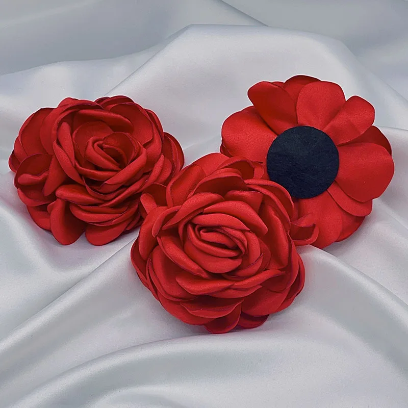 5Pcs 8CM Handmade DIY Large Satin Fabric Artificial Rose Flowers For Wedding Party Craft Home Decoration