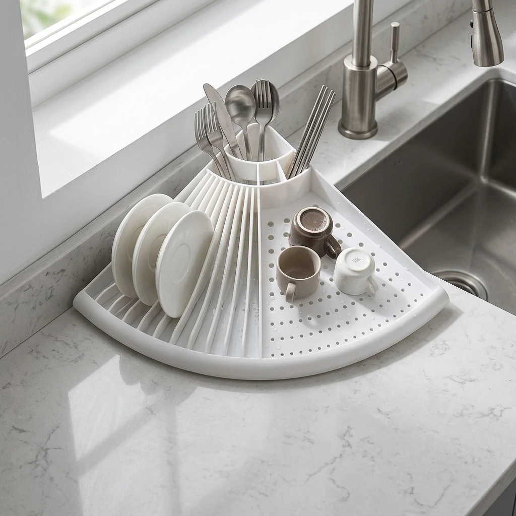 Kitchen Countertop Dish Rack Two Tier Plastic Plate Organizer with Drain Tray for Home Restaurants Space Saving Storage