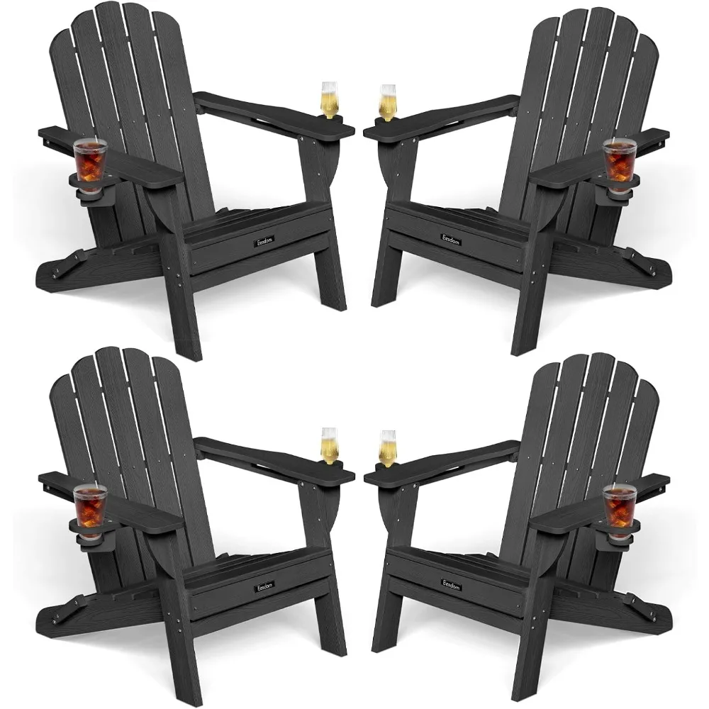 

Folding Adirondack Chair Set of 4, HDPE Material Fire Pit Chairs, Waterproof Outdoor Adirondack Chairs with 2 Cup Holder, Outdoo