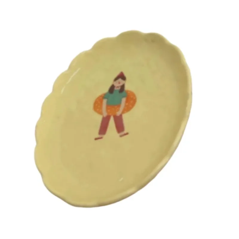 1 Pcs Ceramic Lace Milk Yellow Cartoon Bread Girl Flat Plate Ins Wind Dessert Plate 8 Inch Kitchen Household Тарелки Для Еды