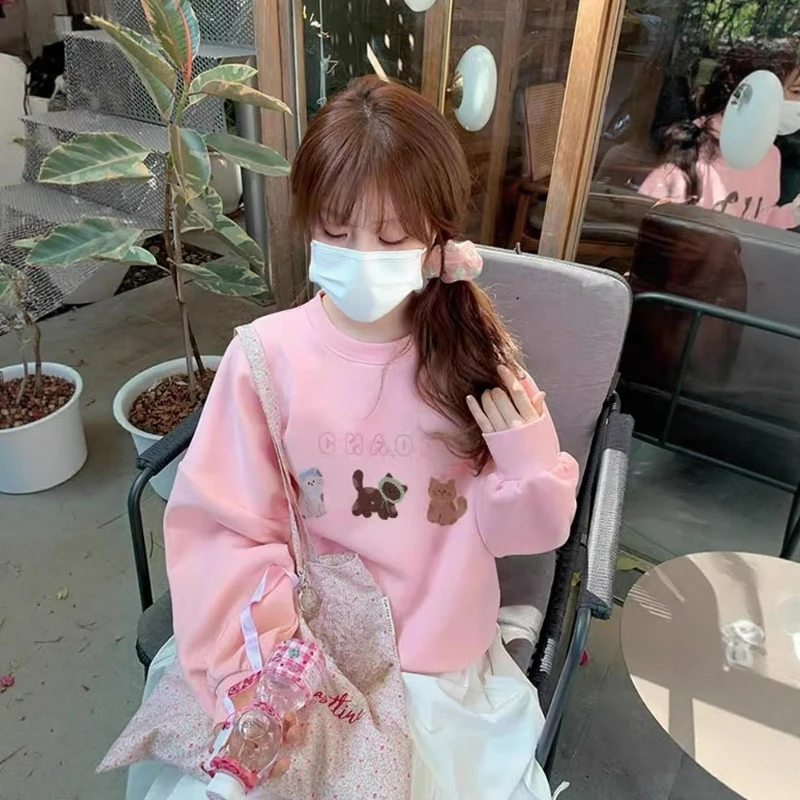 Pink Cat Print Hooded Round Neck Hoodie 2026 Autumn and Winter New Fashion Korean Version Loose Sweet Velvet Long Sleeved Top 3