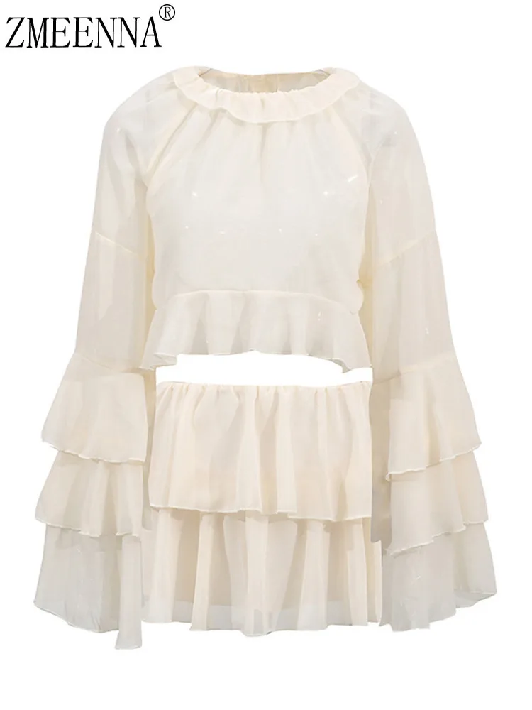 

ZMEENNA Women's Elegant Ruffled Long Sleeve Crop Top And Tiered Mini Skirt Set Sheer Chiffon Casual Two Piece Outfit ZM3191
