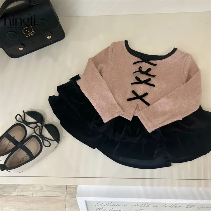Girl T-shirt Autumn New 2024 Pink Bow Tops Velvet Solid Skirt Casual Simple Fashion Sweet Korean Active Vintage Princess Cute image 2